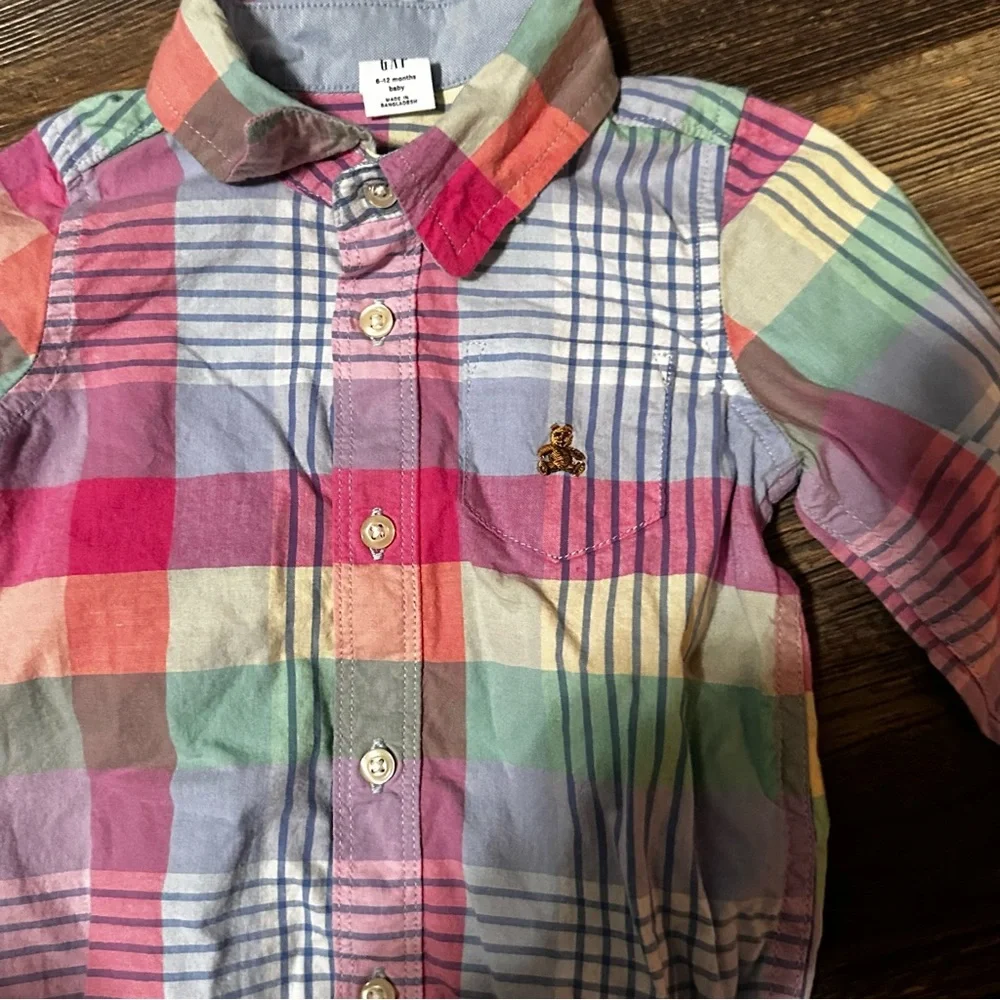 baby GAP pastel plaid long sleeve button up shirt boys 6-12 mo